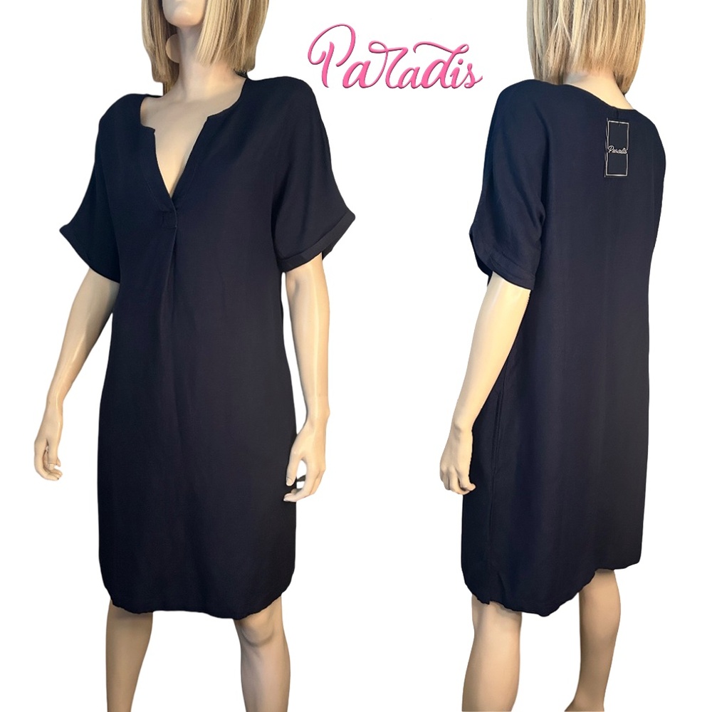 Paradis Linen & Rayon Dress Tunic Style Short sleeve Hip Pockets Versatile Navy
